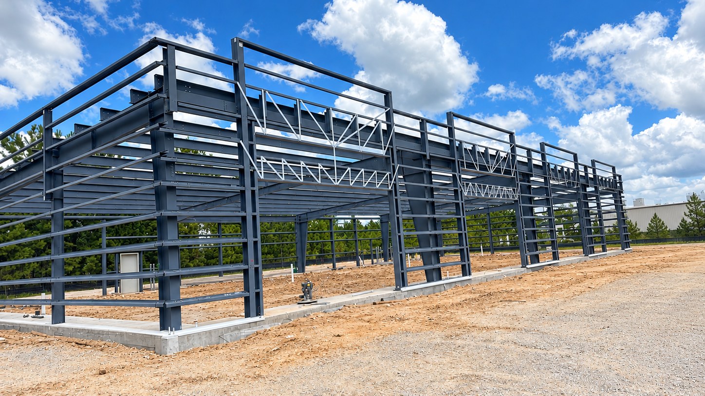 Pre-engineered metal building frame during steel erection