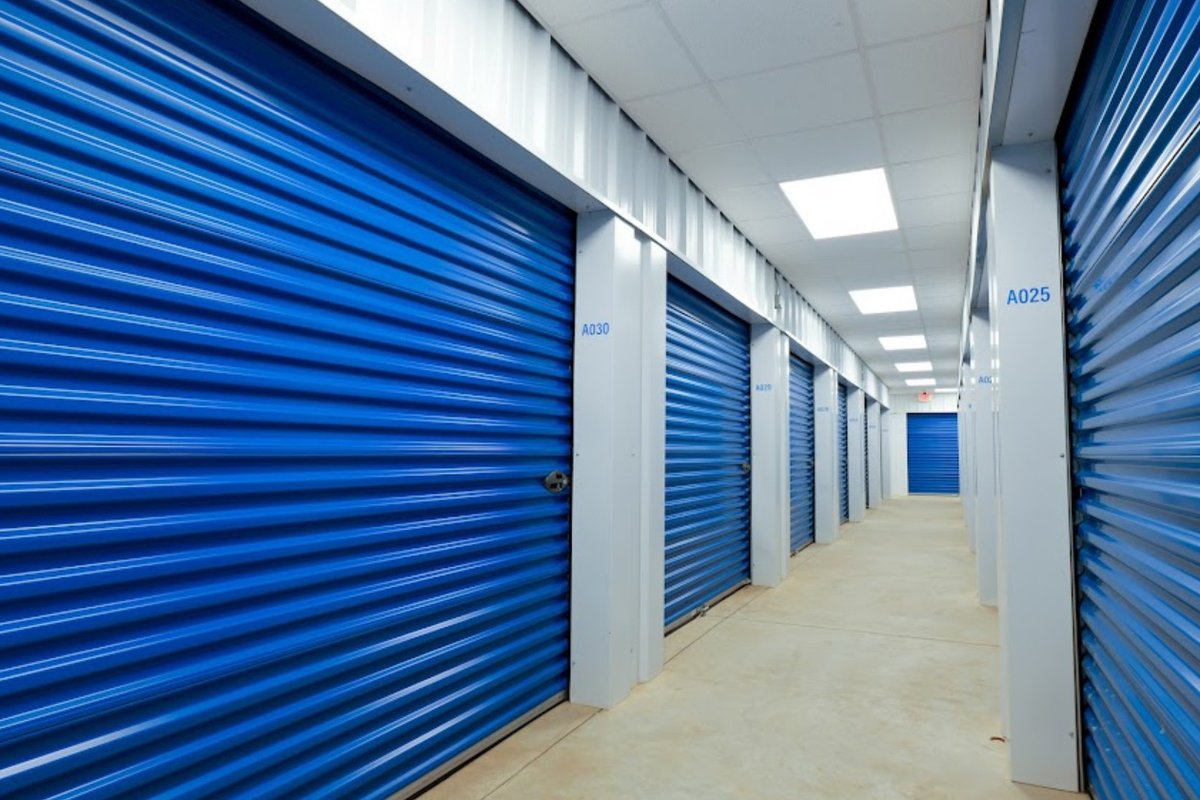 Self-storage facility interior corridor with climate-controlled units