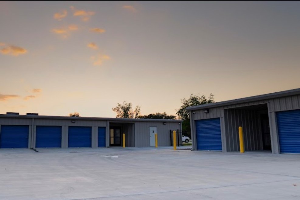 Self-storage facility exterior at dusk
