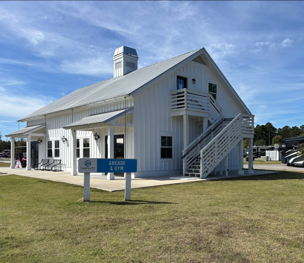 CreekFire RV Resort arcade and gym building, board-and-batten exterior